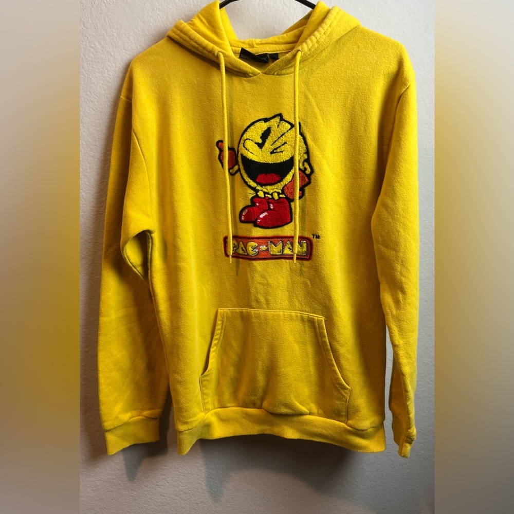 PAC-MAN EMBELLISHED LOGO NAMCO BANDAI ARCADE GAME GOLD HOODIE SIZE S PREOWNED
